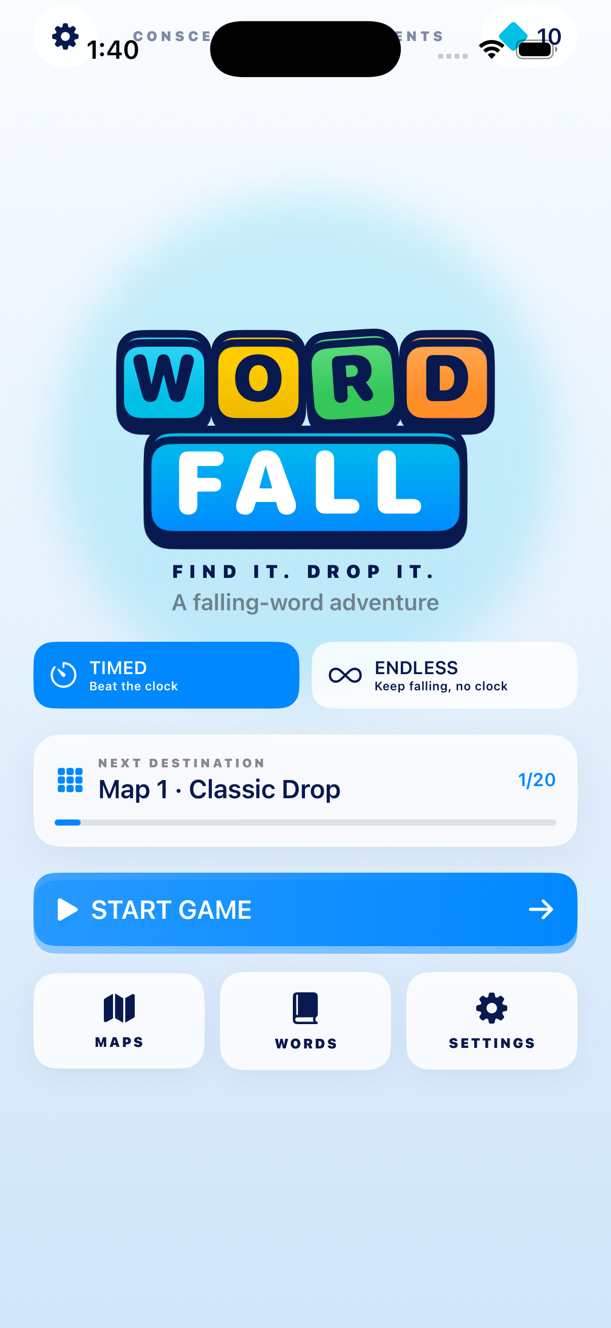 Wordfall mode selection